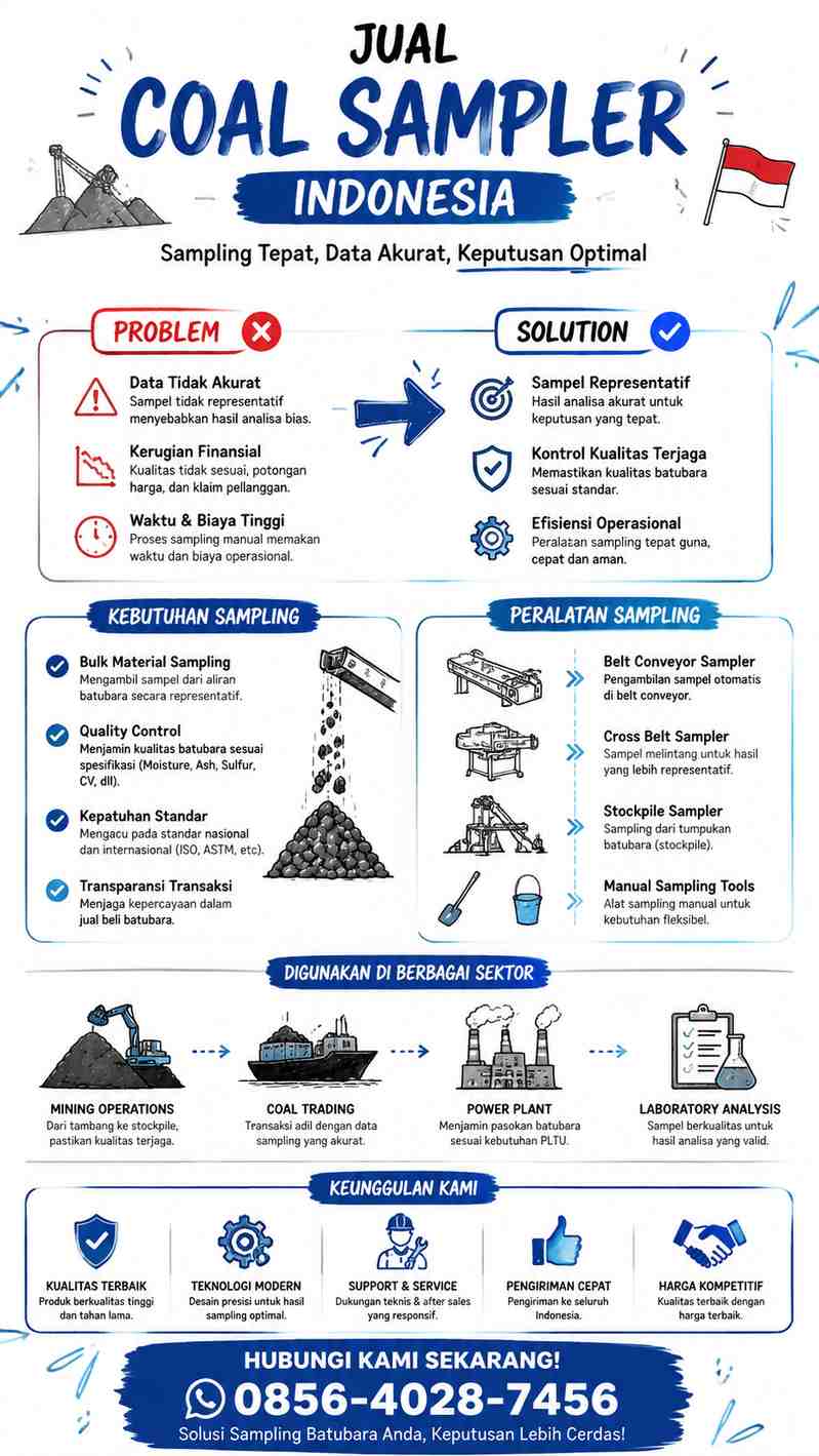 Infografis sketchnote: Problem-solution Jual Coal Sampler Indonesia, coal sampling, quality control untuk PLTU dan pertambangan
