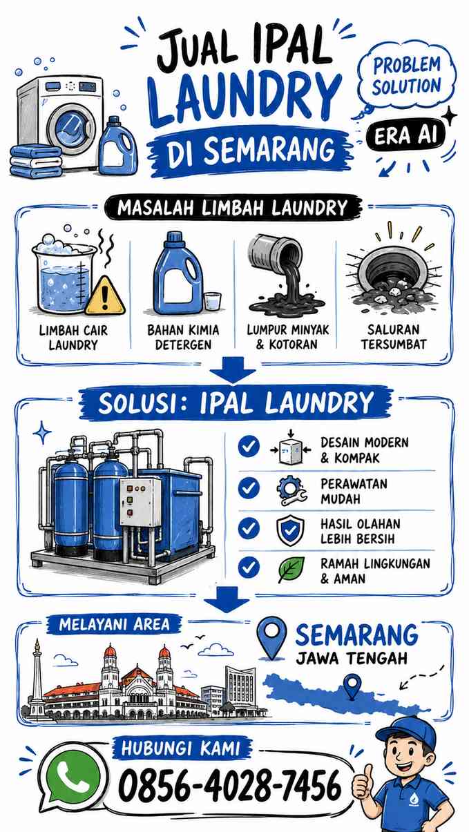 Infografis sketchnote: Problem-solution Jual IPAL Laundry di Semarang, limbah laundry, IPAL Laundry modern