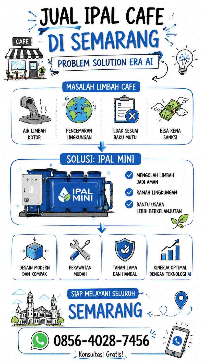 Infografis sketchnote: Problem-solution Jual IPAL Cafe di Semarang, era AI, limbah cair cafe, IPAL mini modern