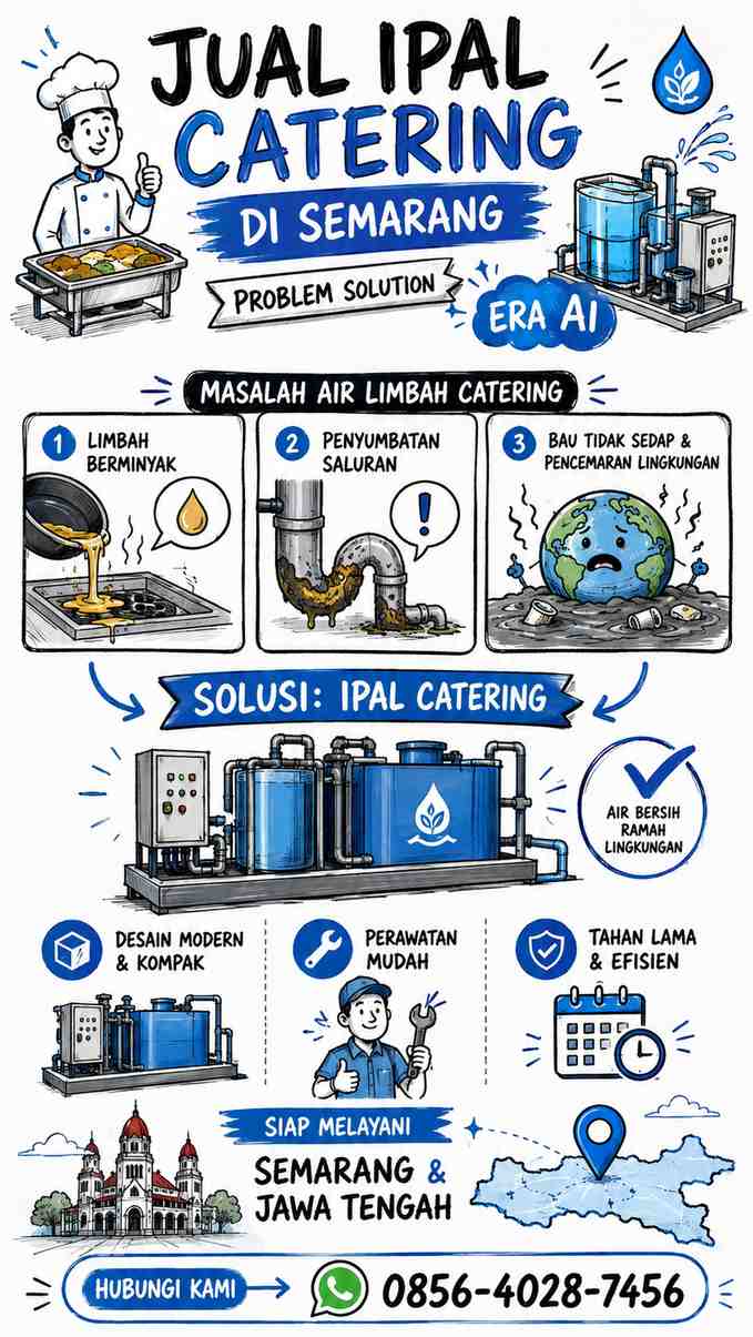 Infografis sketchnote: Problem-solution Jual IPAL Catering di Semarang, limbah cair catering, IPAL Catering modern