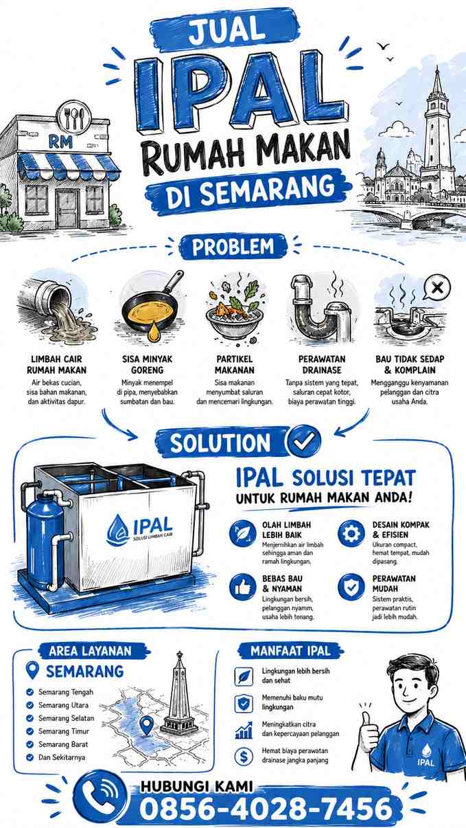 Infografis sketchnote: Problem-solution Jual IPAL Rumah Makan di Semarang, limbah dapur, IPAL Rumah Makan modern