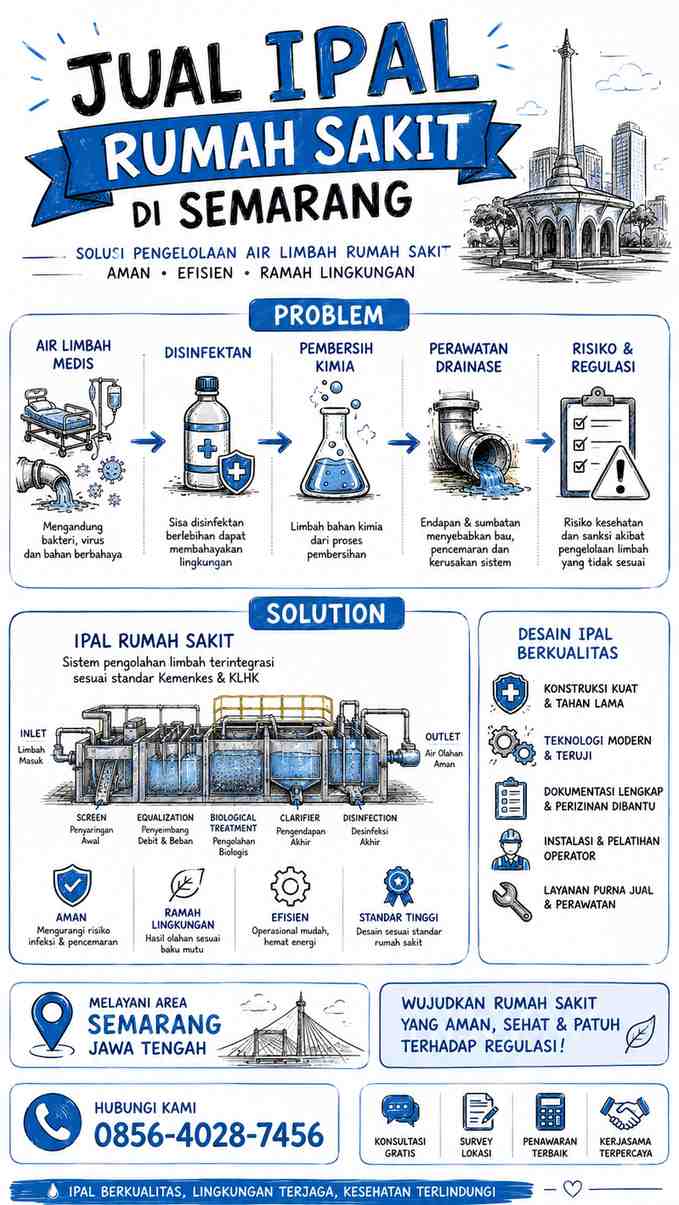 Infografis sketchnote: Problem-solution Jual IPAL Rumah Sakit di Semarang, limbah medis, IPAL Rumah Sakit modern