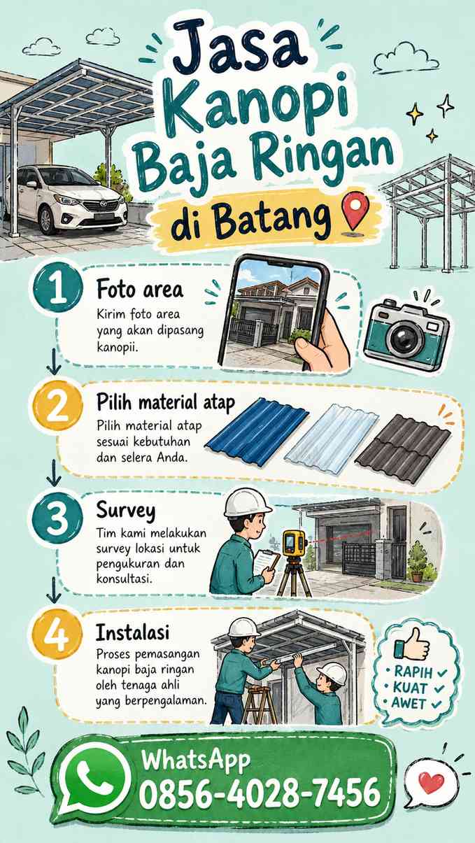 Infografis sketchnote tahapan pasang kanopi baja ringan