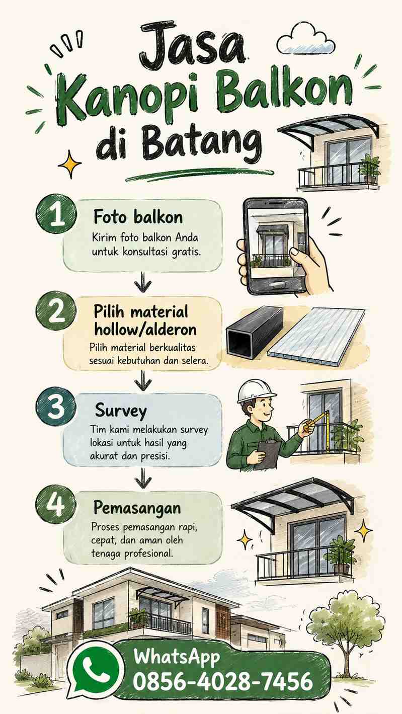 Infografis sketchnote tahapan pasang kanopi balkon