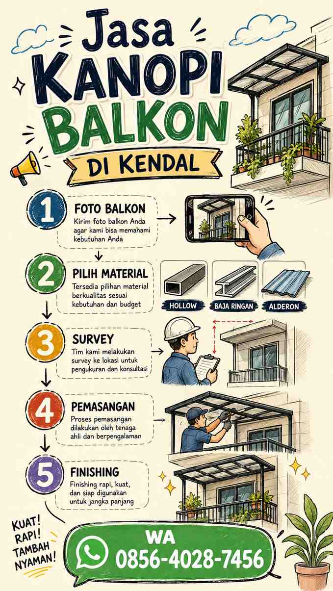 Infografis sketchnote tahapan pasang kanopi balkon di Kendal