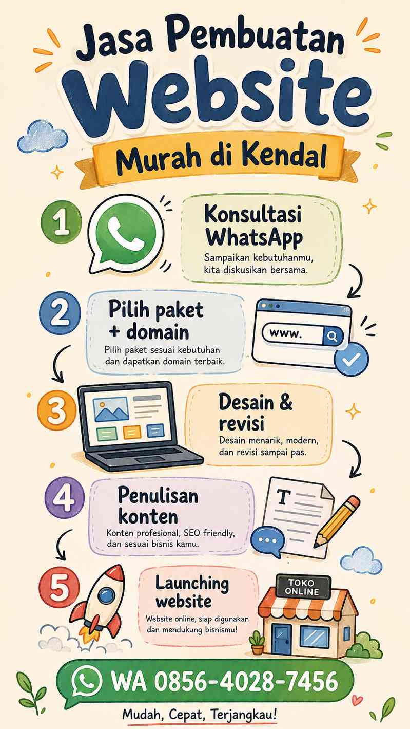 Infografis sketchnote tahapan layanan jasa pembuatan website murah di Kendal
