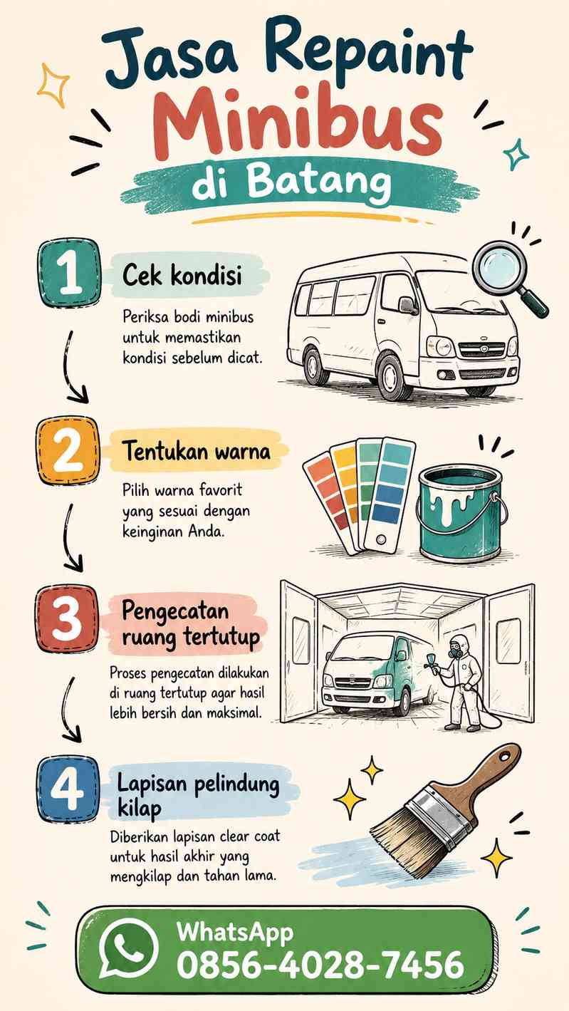 Infografis sketchnote proses repaint minibus dari prep hingga finishing