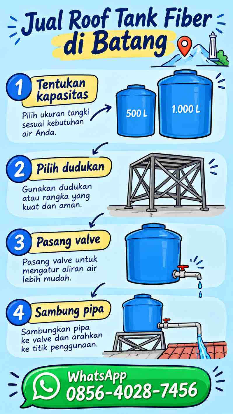Infografis sketchnote ukuran dan instalasi roof tank fiber di Batang