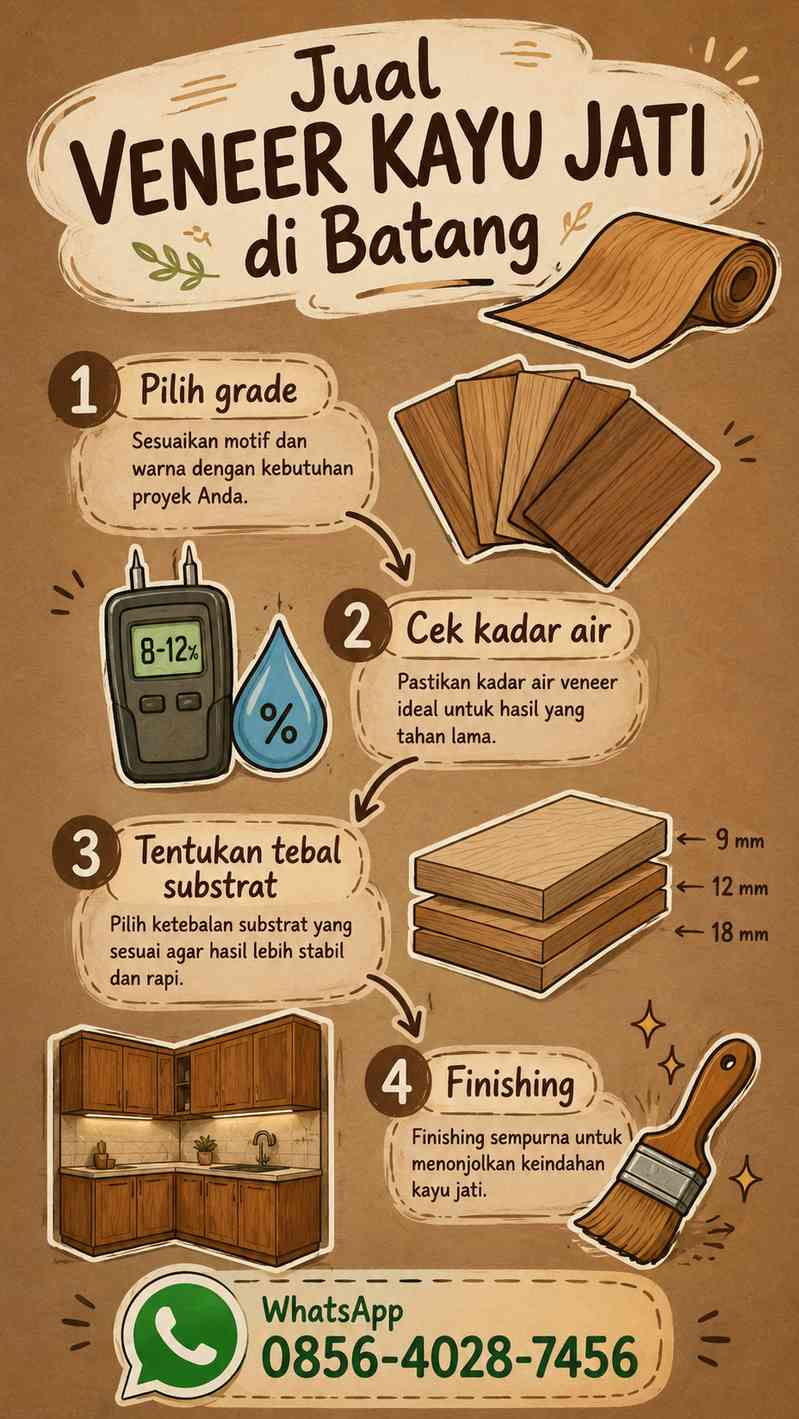 Infografis sketchnote jenis dan ukuran veneer kayu jati untuk furnitur