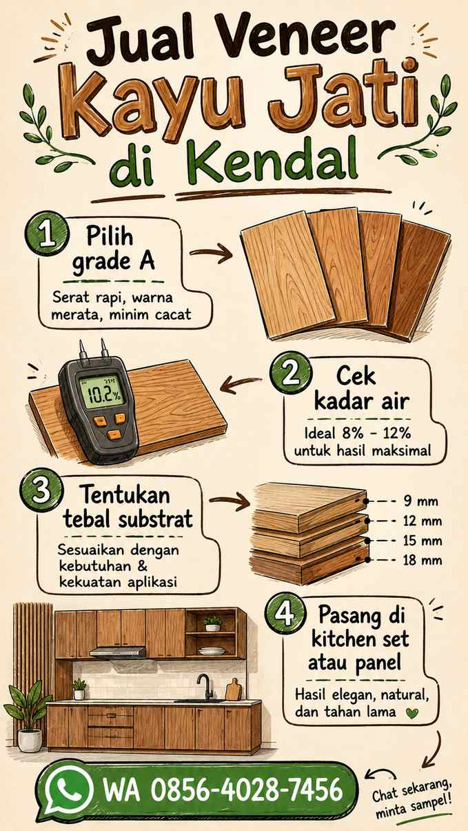 Infografis sketchnote jenis veneer kayu jati dan cara finishing yang tepat