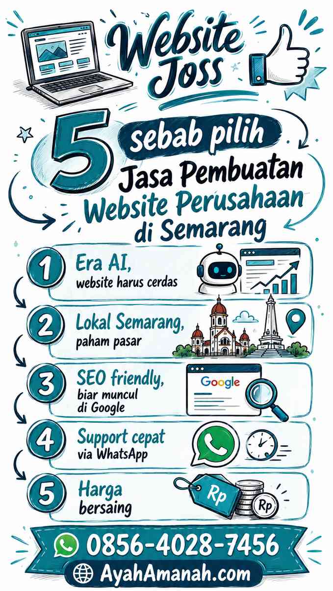 Infografis Website Joss: 5 sebab pilih jasa pembuatan website perusahaan di Semarang, kontak 0856-4028-7456 AyahAmanah.com