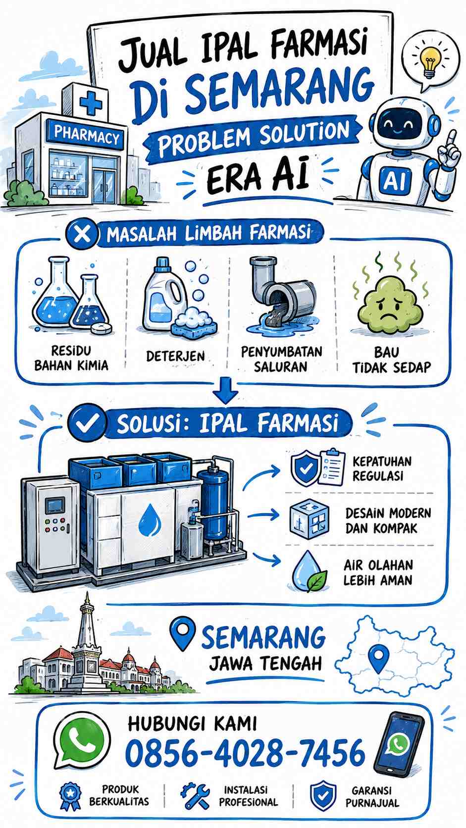 Infografis sketchnote: Problem-solution Jual IPAL Farmasi di Semarang, limbah farmasi, IPAL Farmasi modern