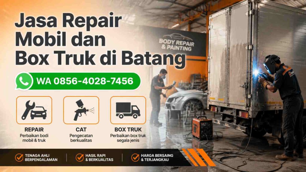 Banner jasa repair mobil dan box truk di Batang dengan nomor WhatsApp 0856-4028-7456