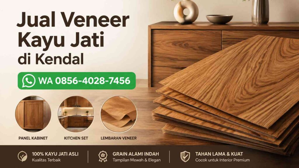 Banner promosi jual veneer kayu jati di Kendal untuk furnitur dan panel dengan nomor WhatsApp 0856-4028-7456