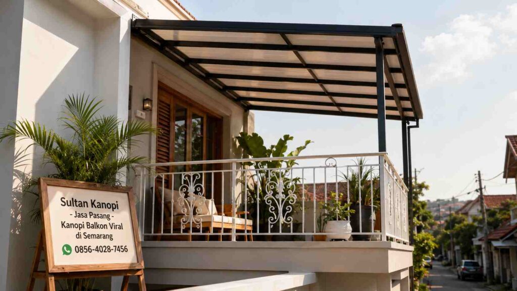 Jasa Pasang Kanopi Balkon Viral di Semarang - balkon rumah minimalis dengan kanopi modern