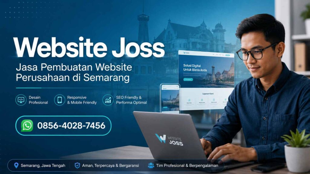 Website Joss — Jasa Pembuatan Website Perusahaan di Semarang. Kontak WhatsApp 0856-4028-7456. Desainer web Indonesia sedang bekerja di laptop.