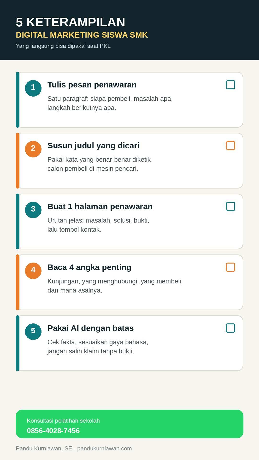 Infografis Pelatihan Digital Marketing untuk Siswa SMK di Semarang: 5 Keterampilan yang Langsung Bisa Dipakai Kerja